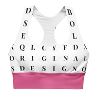 "Name Game Strong" longline sports bra with pink band, medium-high support activewear front view
