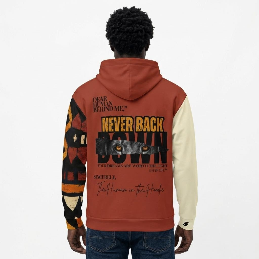 Model Wearing Dear Human Behind Me, Message 5 Never Back Down Hoodie, Back View