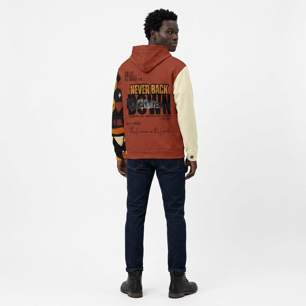 Model Wearing Dear Human Behind Me, Message 5 Never Back Down Hoodie, Full Back View, African Print Design