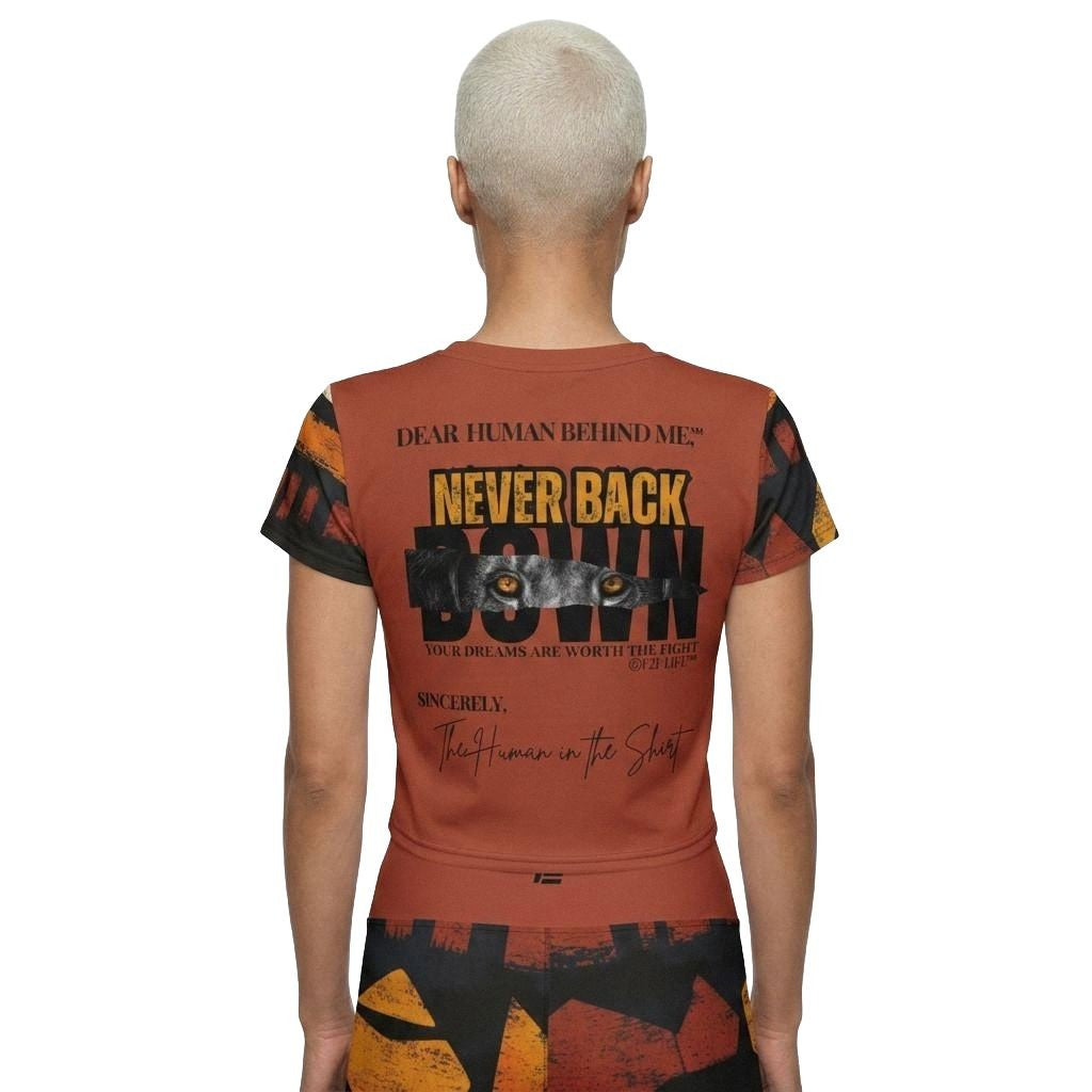 Model wearing Dear Human Behind Me Msg 5, Never Back Down Crop top  in rust, back view