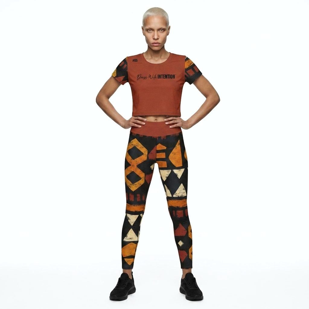 Model Wearing Never Back Down Crop Top with Dress With Intention on Front in Rust with matching workout leggings, front view