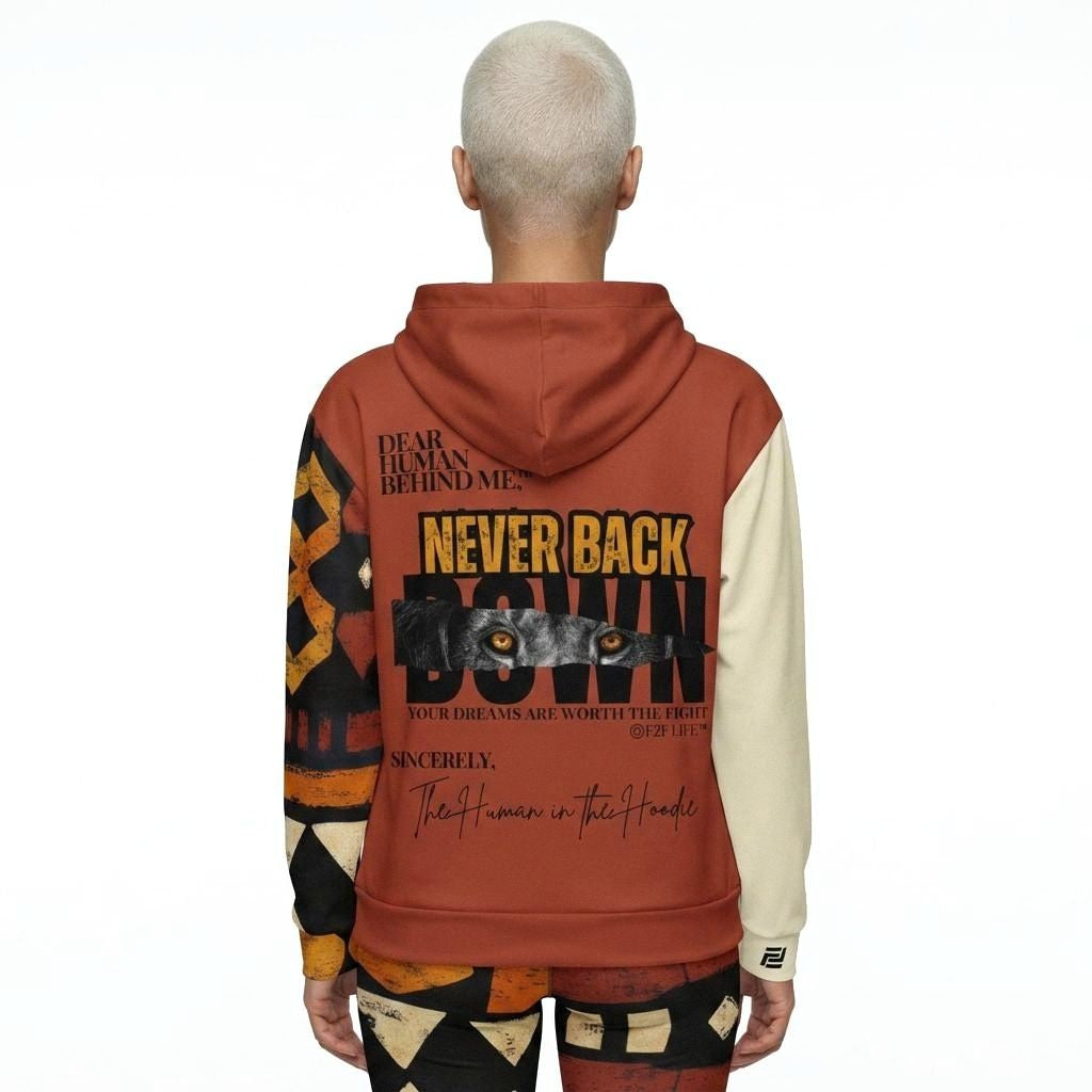 Model shown from the back wearing Dear Human Behind Me Message #5 Never back down, African Print Zip Hoodie