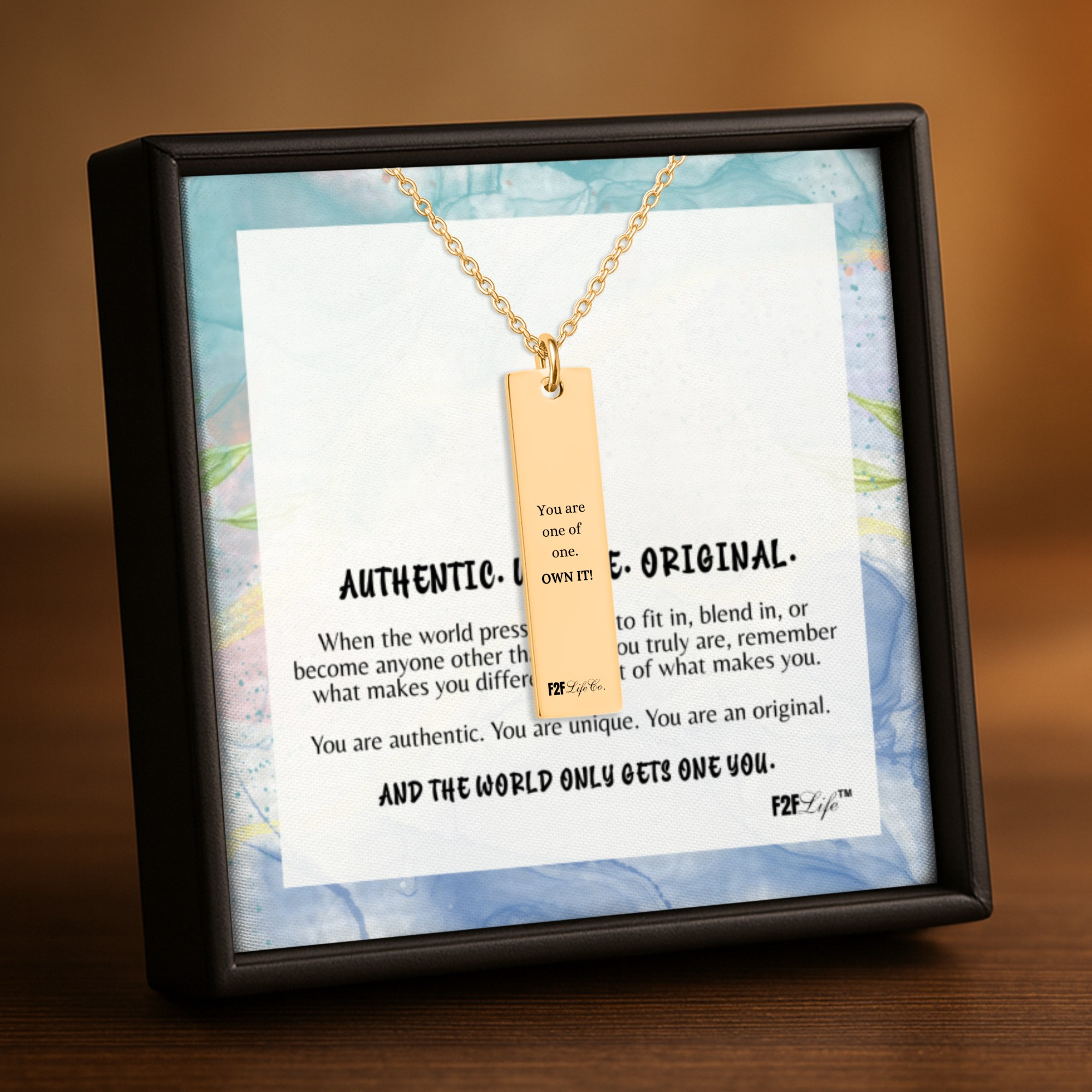 Original vertical bar necklace with fine chain back view with message in a jewelry box with insert