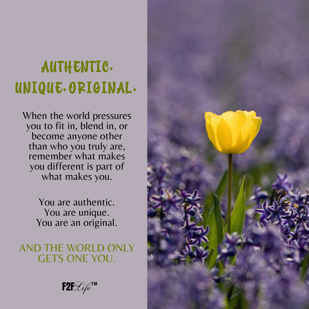 Purple with yellow flower jewelry insert with strong, resilient, empowered in bold with encouraging message