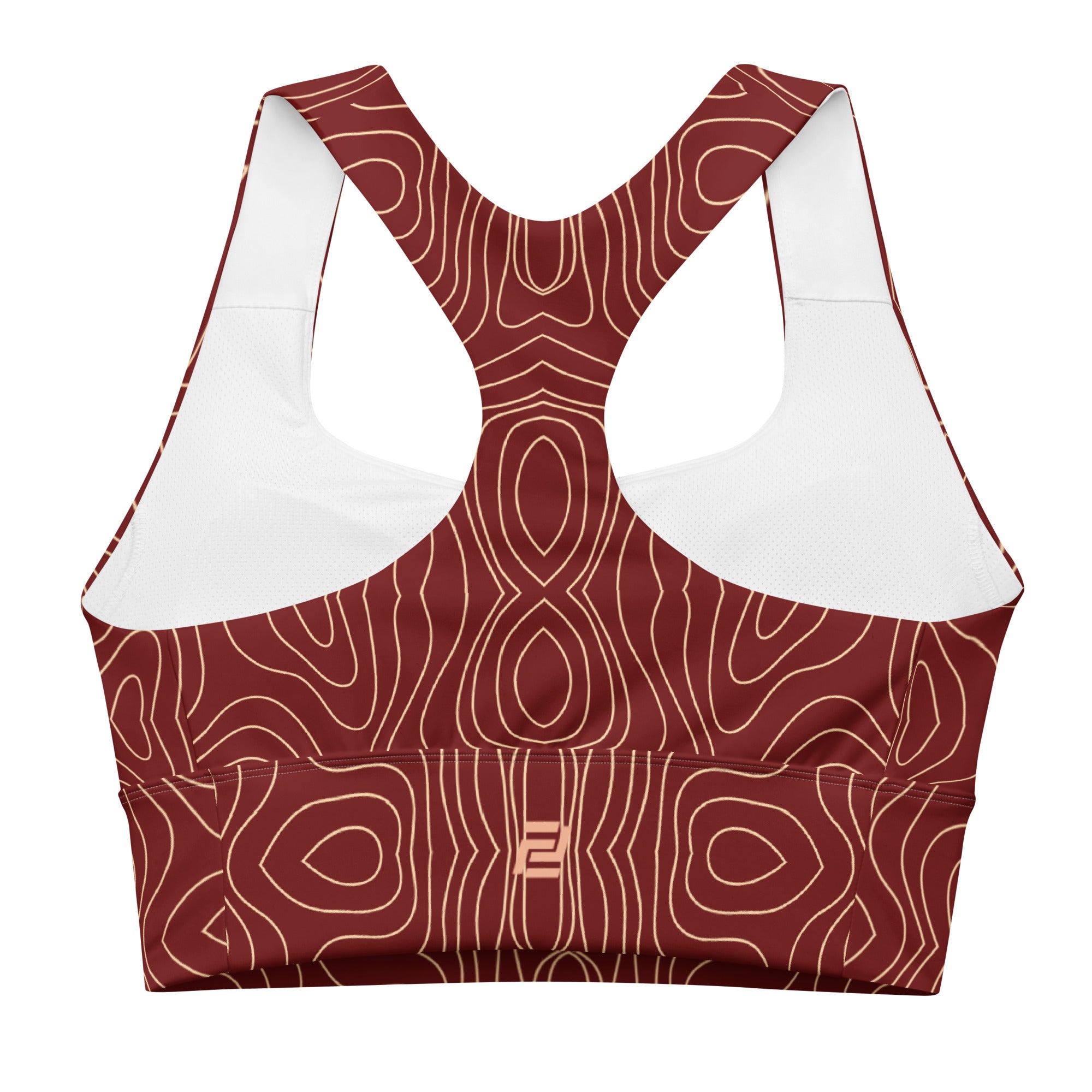 Red creme swirl longline sports bra with red band, medium-high support activewear back view
