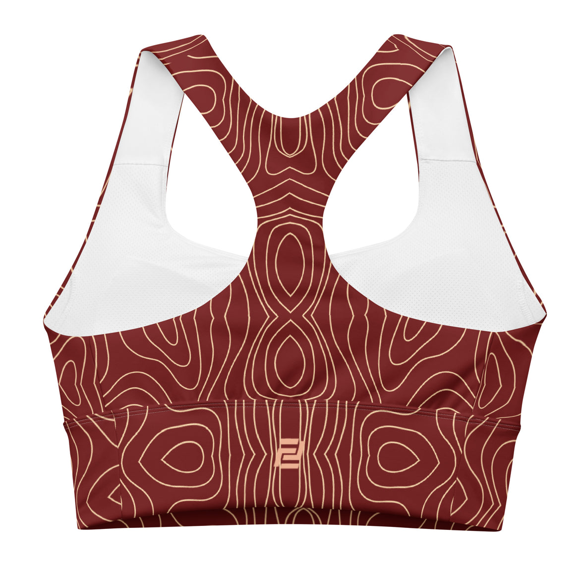 Red creme swirl longline sports bra with red band, medium-high support activewear back view