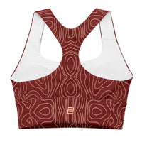 Red creme swirl longline sports bra with red band, medium-high support activewear back view
