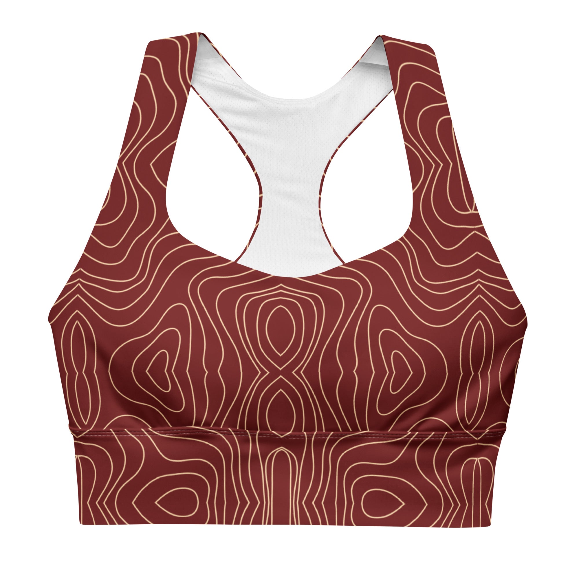 Red creme swirl longline sports bra with red band, medium-high support activewear front view