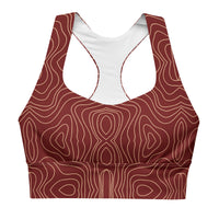 Red creme swirl longline sports bra with red band, medium-high support activewear front view