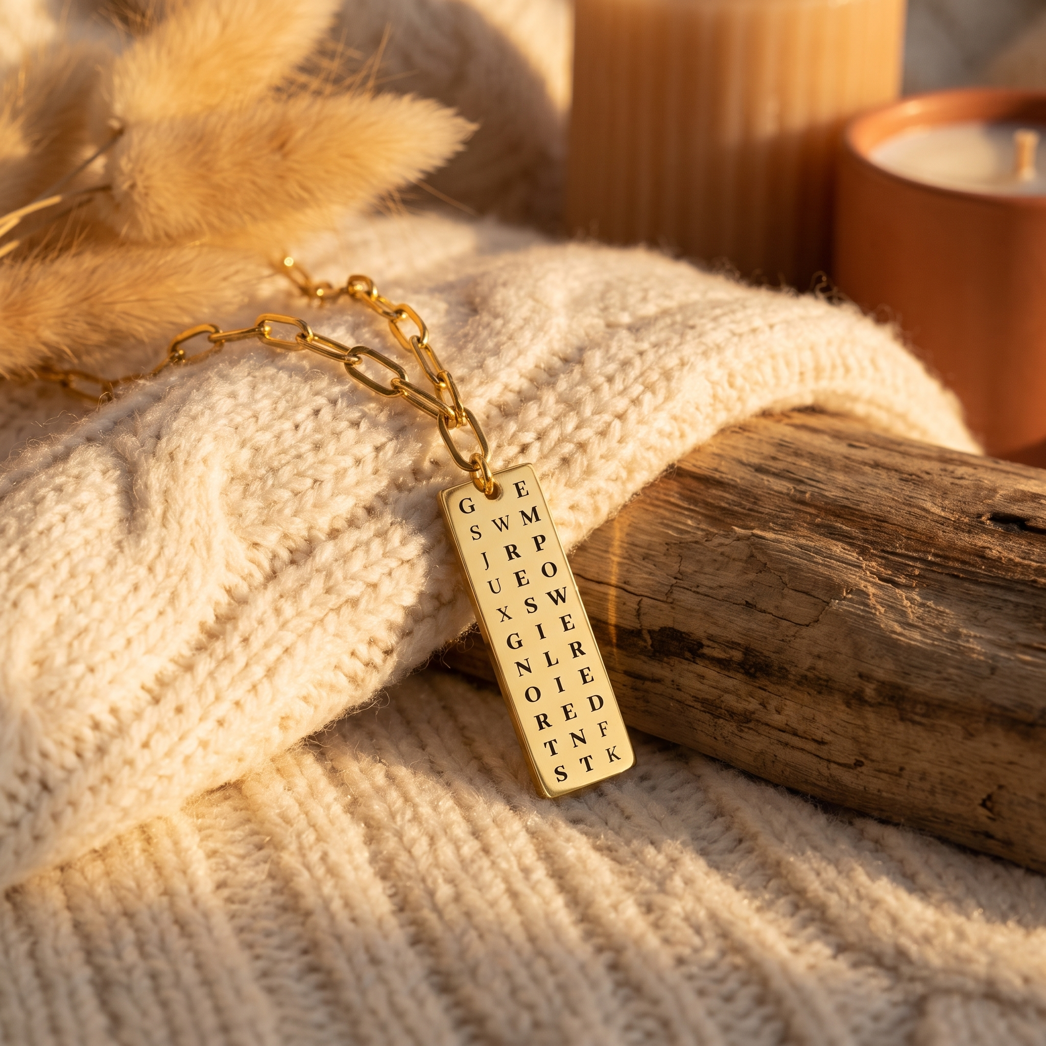 Strong resilient empowered gold plated paperclip chain necklace on blanket in a soft setting