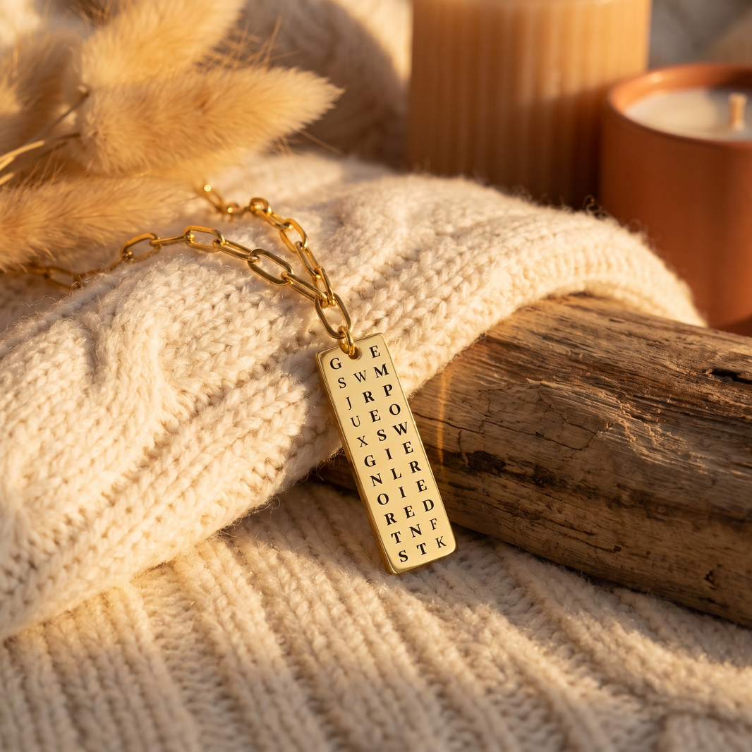 Strong resilient empowered gold plated paperclip chain necklace on blanket in a soft setting