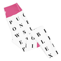 Right folded view of "Name Game Strong" custom pink workout leggings with word search, eco-friendly women’s activewear