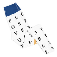 Right folded view of "The Gold Standard" statement workout leggings with word search, eco-friendly women’s activewear