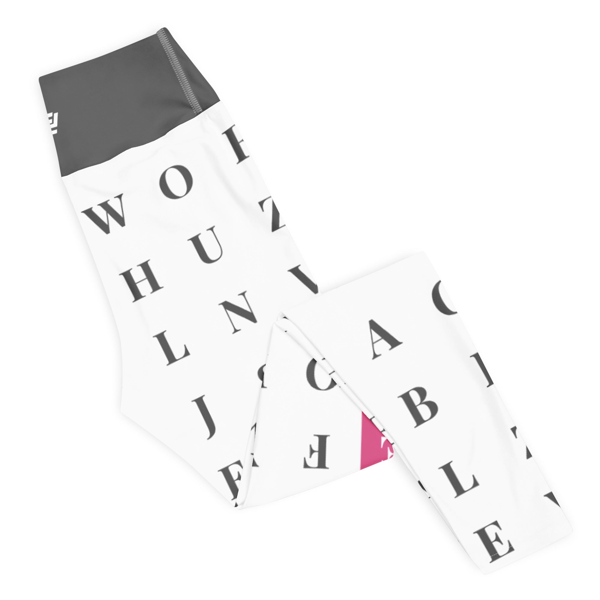 Right folded view of "Worth the Search" statement workout leggings with word search, eco-friendly women’s activewear