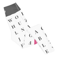 Right folded view of "Worth the Search" statement workout leggings with word search, eco-friendly women’s activewear