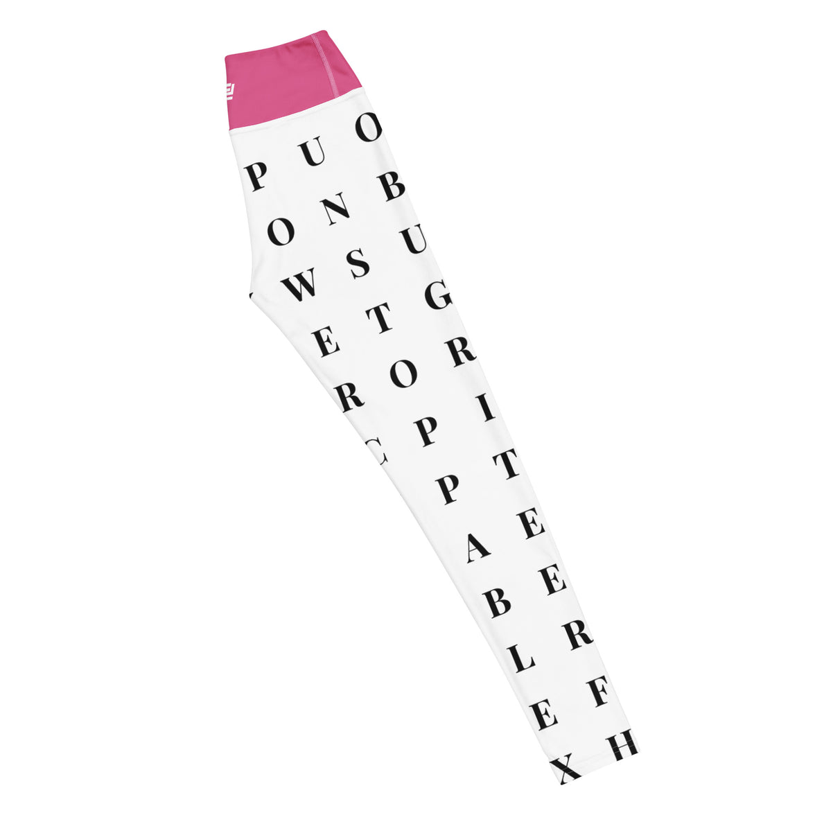 Right long view "Name Game Strong" pink workout leggings with word search, eco-friendly women’s activewear