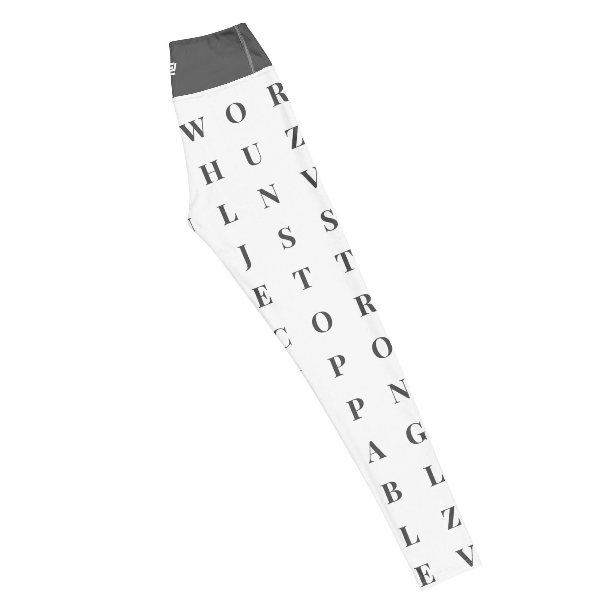 Right long view "Worth the Search" statement workout leggings with word search, eco-friendly women’s activewear