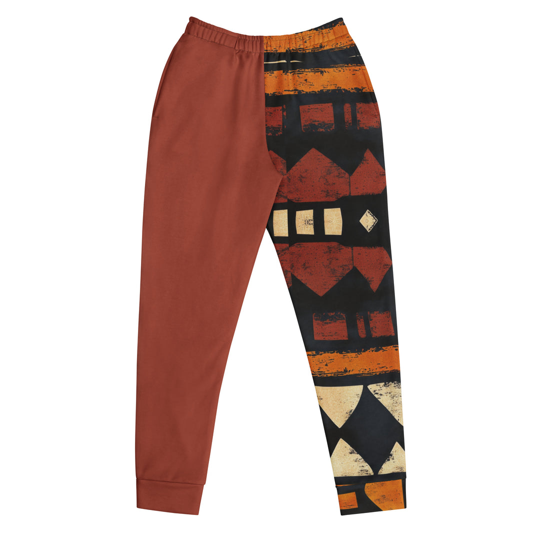 "Rooted Royalty" statement joggers with rust colorblock, women’s bold activewear front view