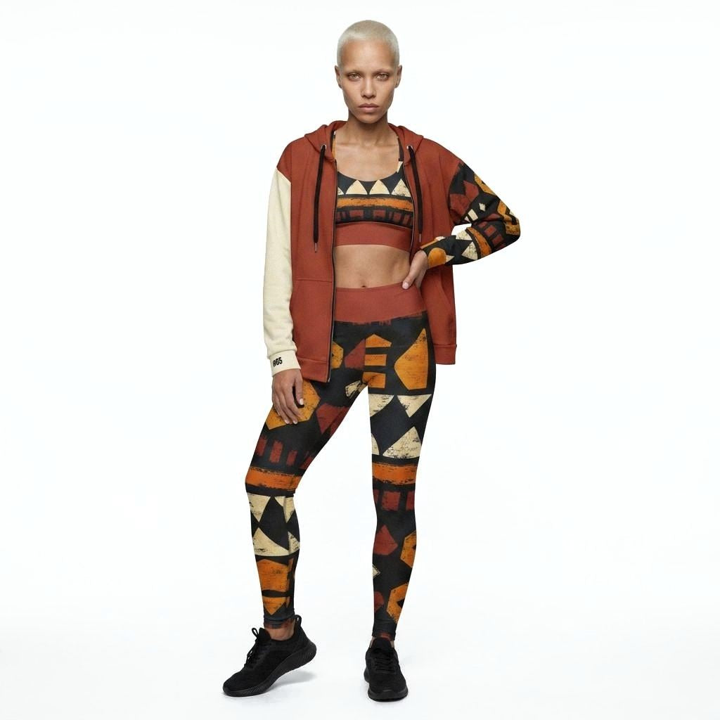 Model wearing a 3 piece Dear Human Behind Me Outfit with leggings sports bra and hoodie, African Print Inspired, Front View.