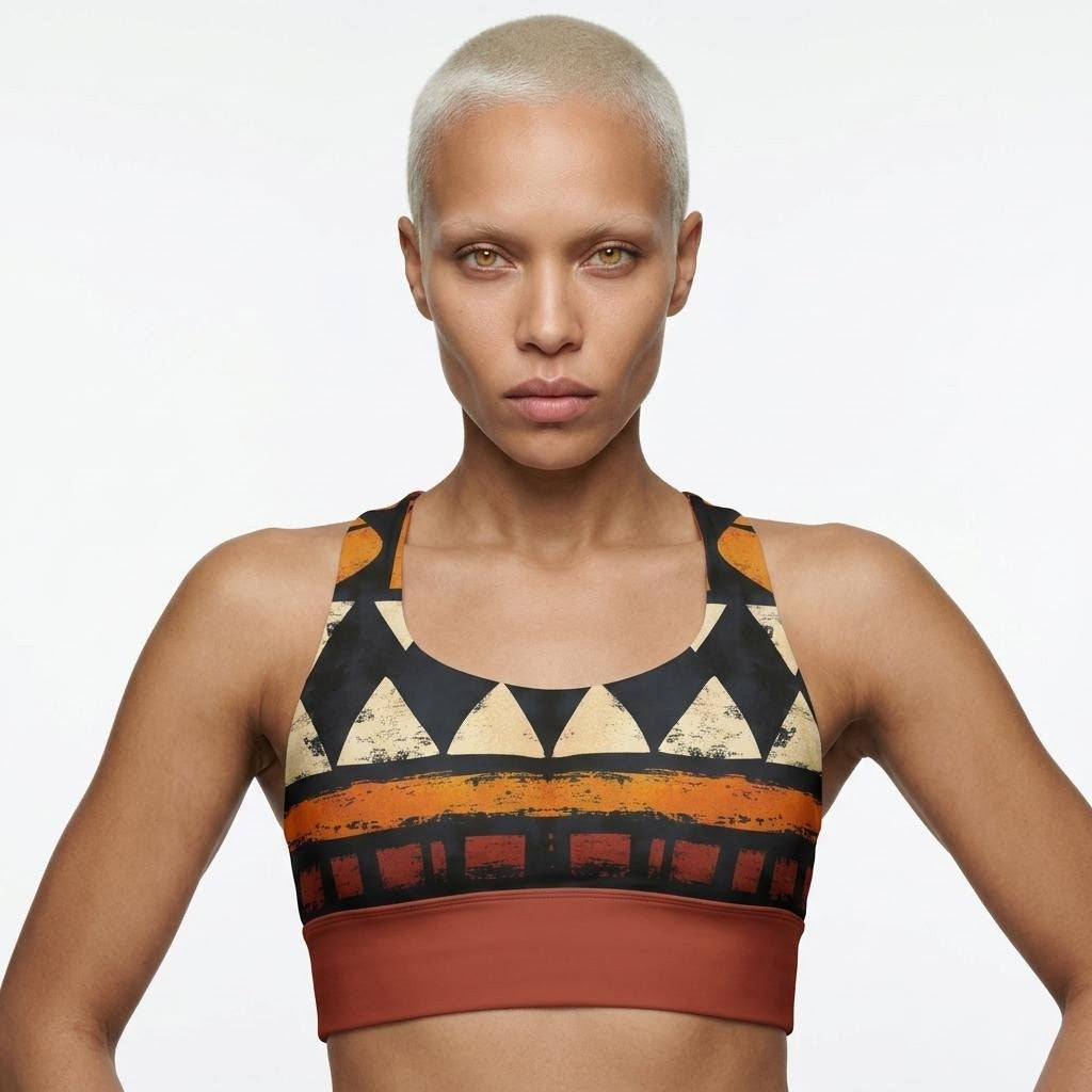 Model wearing a sports bra with a African print pattern in black, rust orange, and cream, shot against a plain white background.