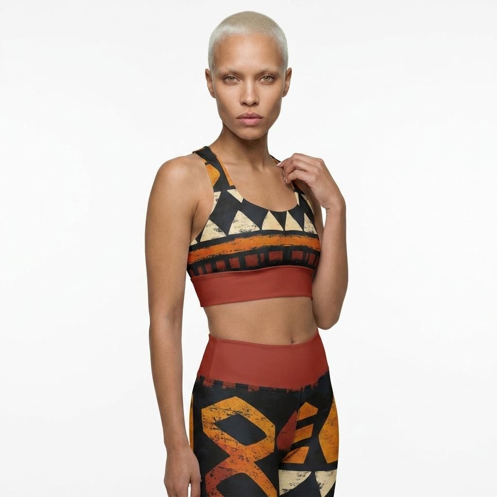 Model wearing a matching athletic set featuring an African Print, tribal-inspired pattern in black, rust red, and cream, shot against a solid white background.