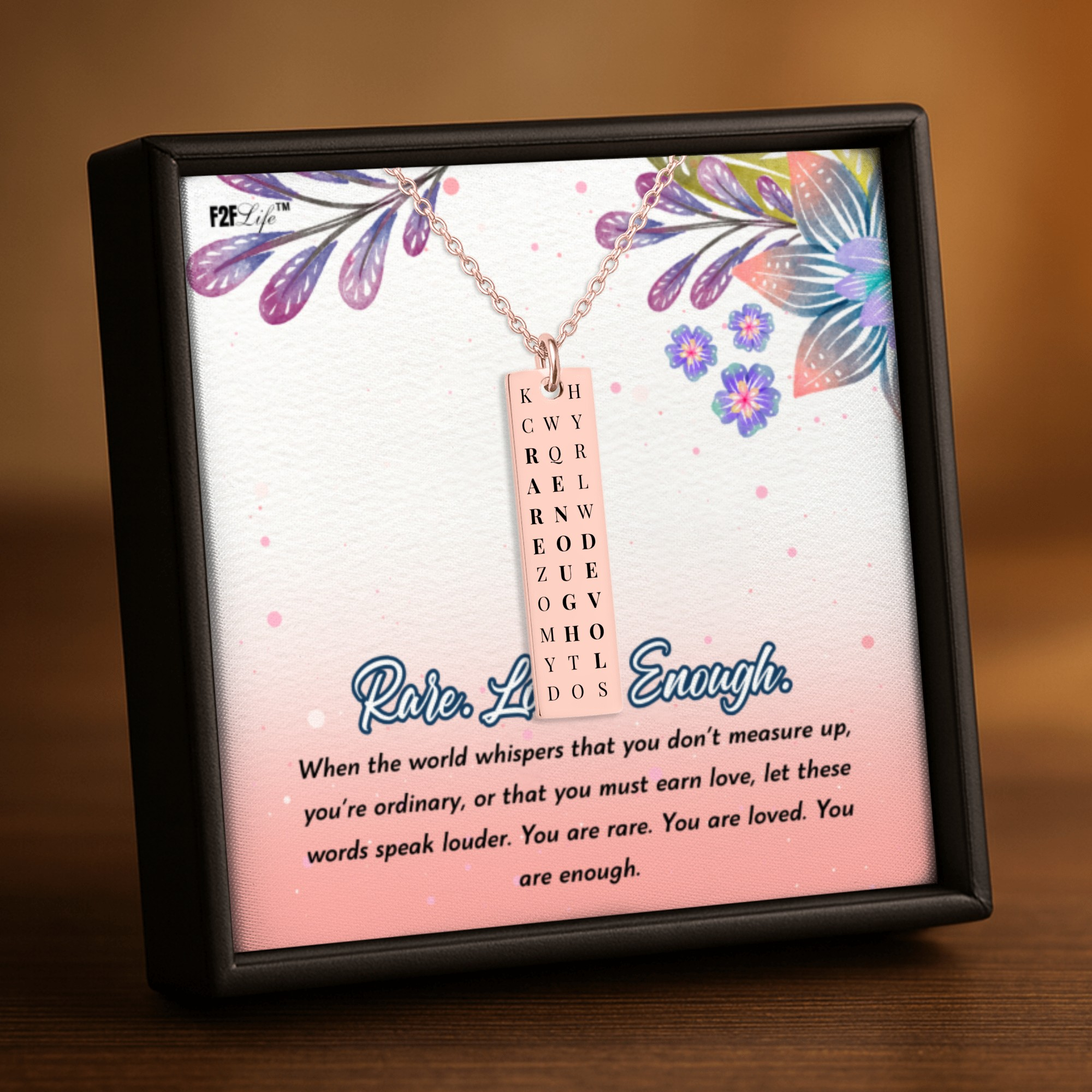 Rose gold plated rare enough loved vertical bar word search necklace with a fine link chain in a box with a jewelry insert