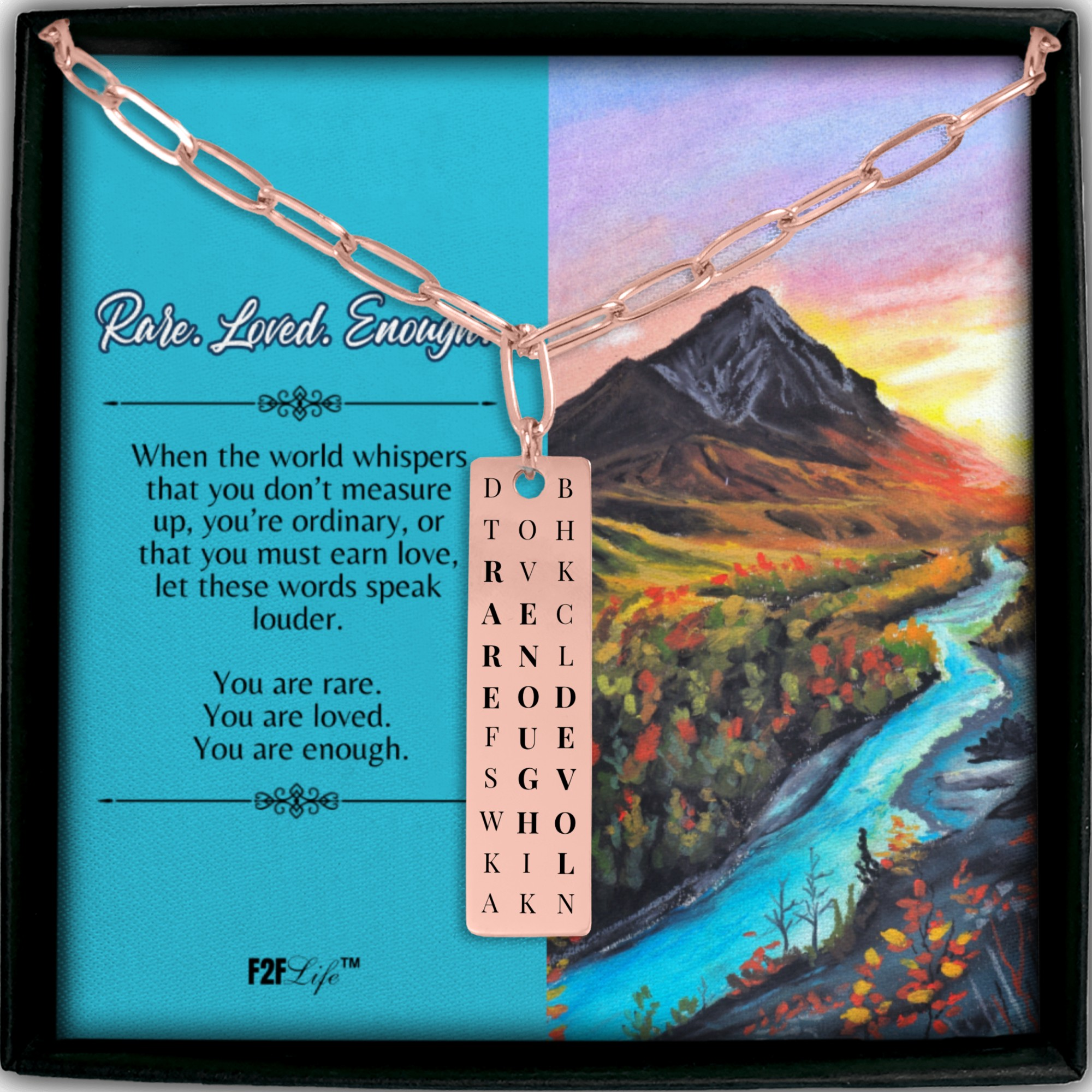Rose gold plated rare enough loved vertical bar word search necklace with a paperclip chain in a box with a jewelry insert
