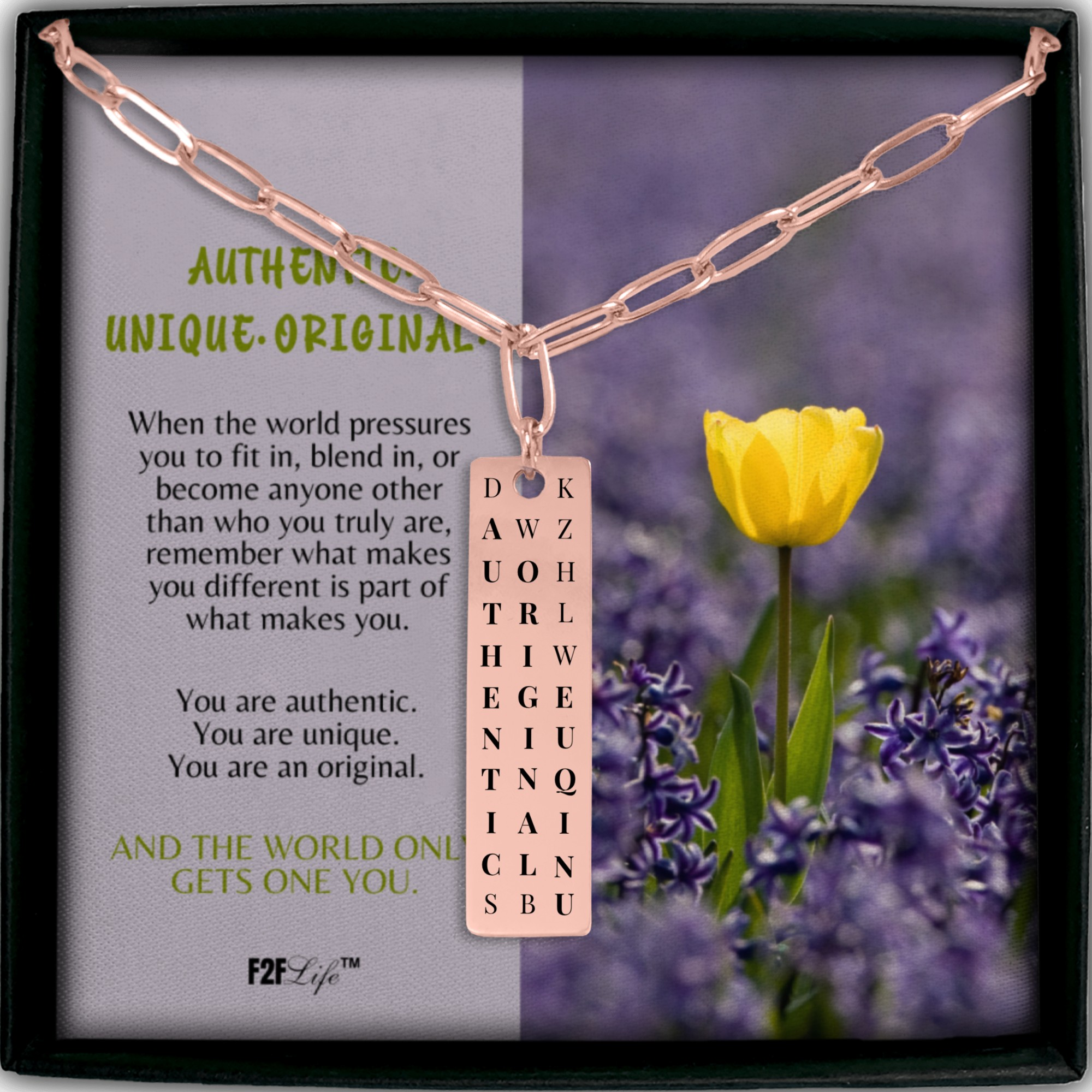 Rose gold plated authentic original unique vertical bar word search necklace with a paperclip chain in a box with a jewelry insert