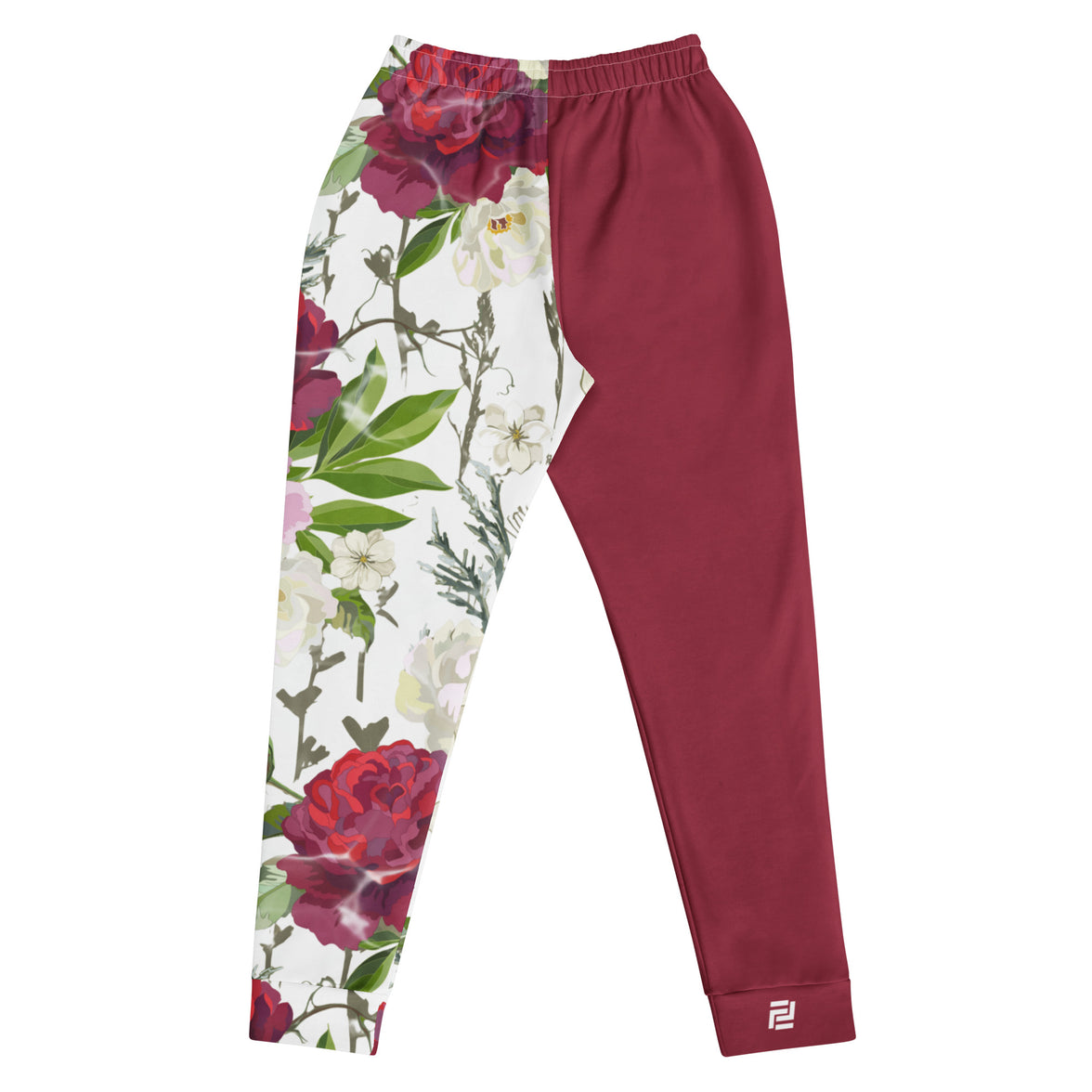 "Roses of grace" floral joggers with red colorblock, women’s bold activewear back view