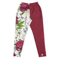 "Roses of grace" floral joggers with red colorblock, women’s bold activewear back view