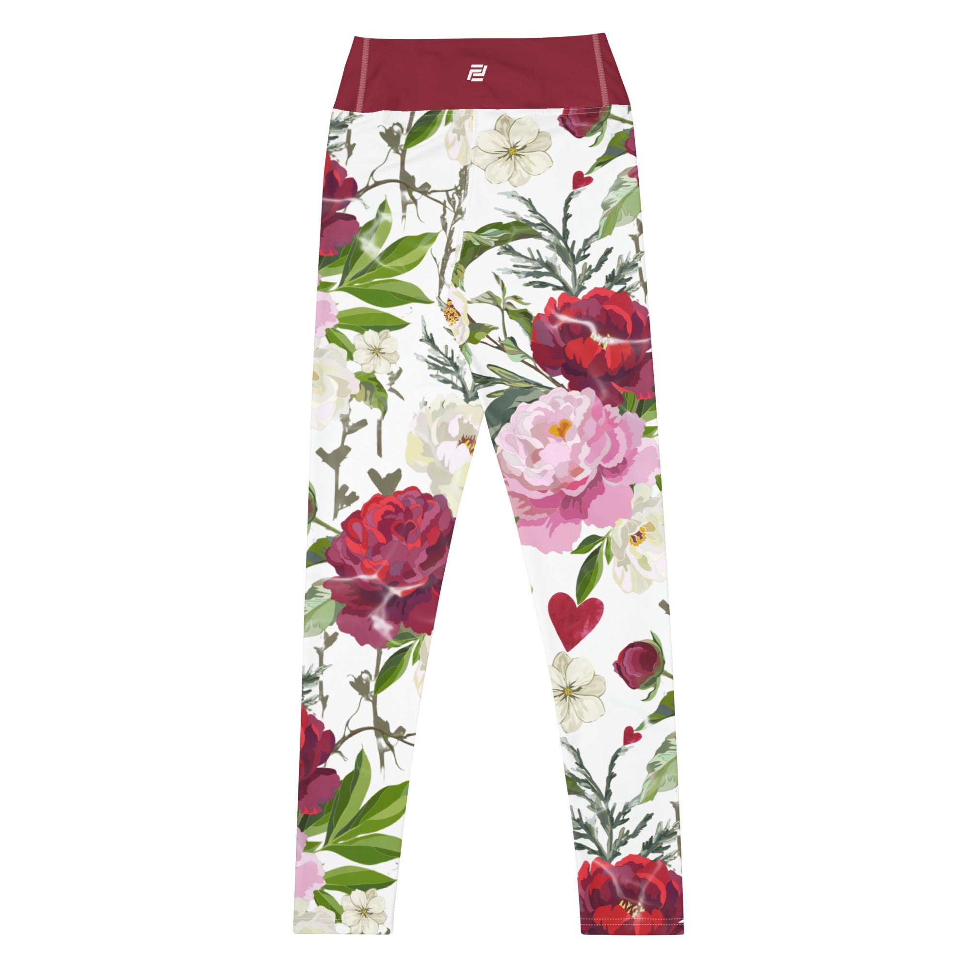 Roses of Grace floral yoga leggings with soft colors, eco-friendly women’s activewear back view