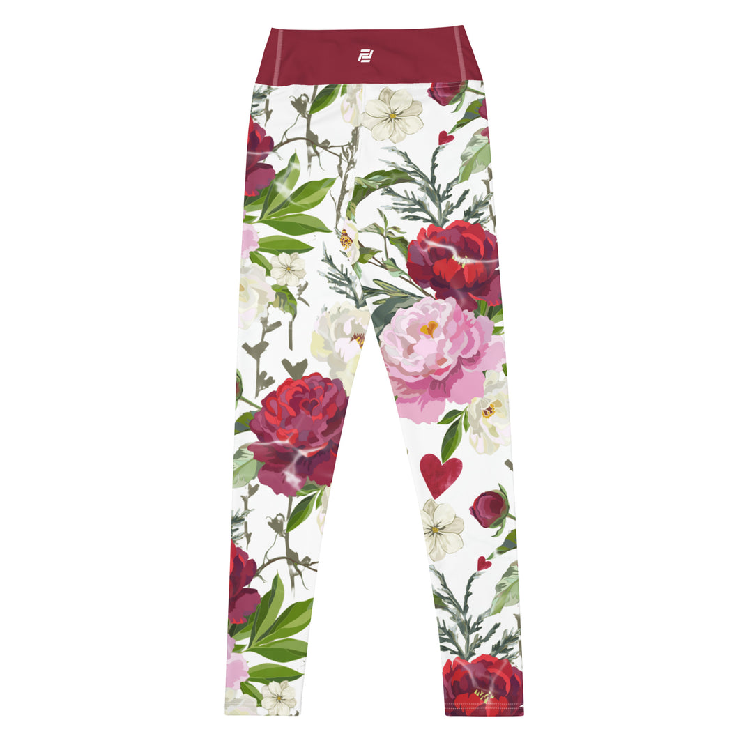 Roses of Grace floral yoga leggings with soft colors, eco-friendly women’s activewear back view