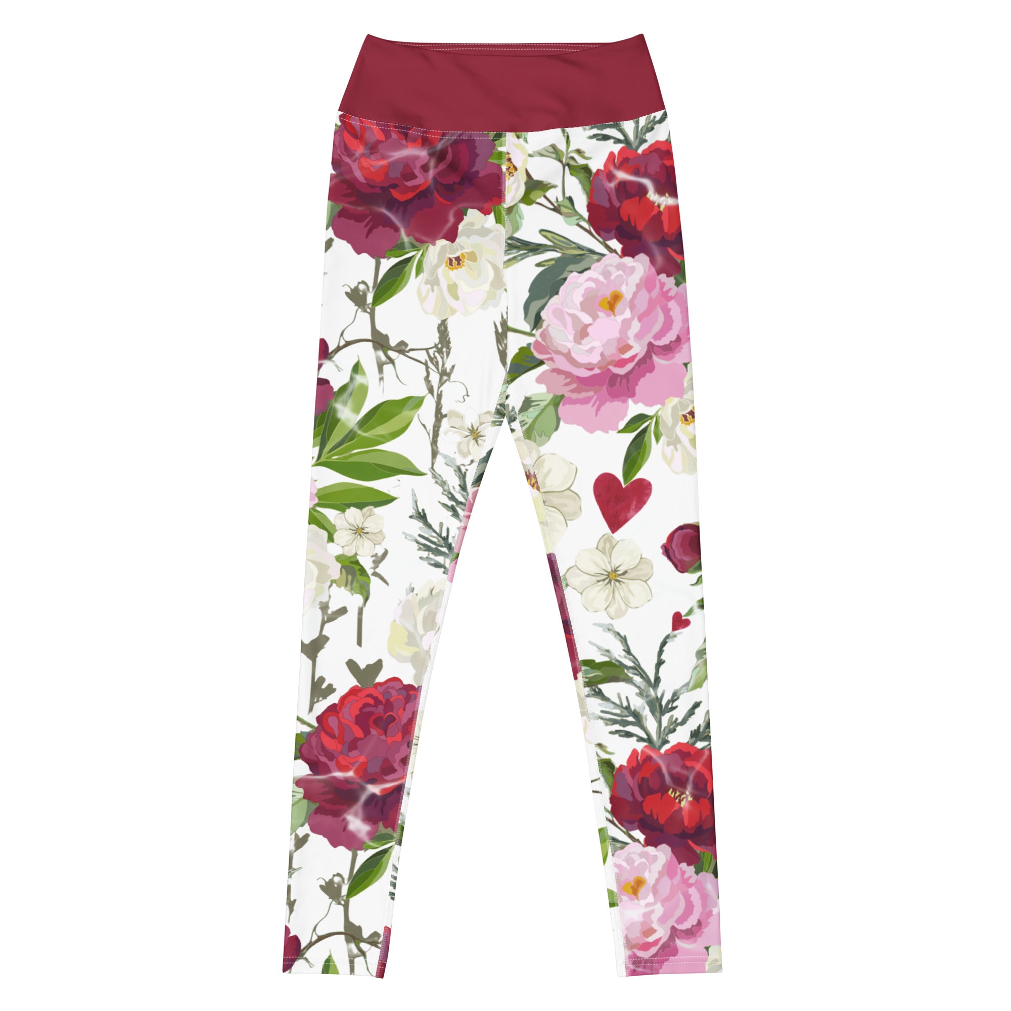 Roses of Grace floral yoga leggings with soft colors, eco-friendly women’s activewear front view