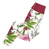 Roses of grace floral yoga leggings with soft colors, eco-friendly women’s activewear left folded view