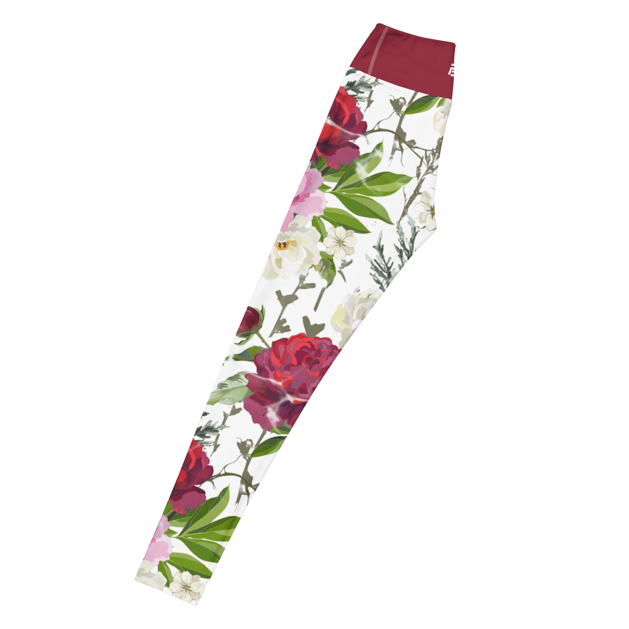 Roses of Grace floral yoga leggings with soft colors, eco-friendly women’s activewear left long view