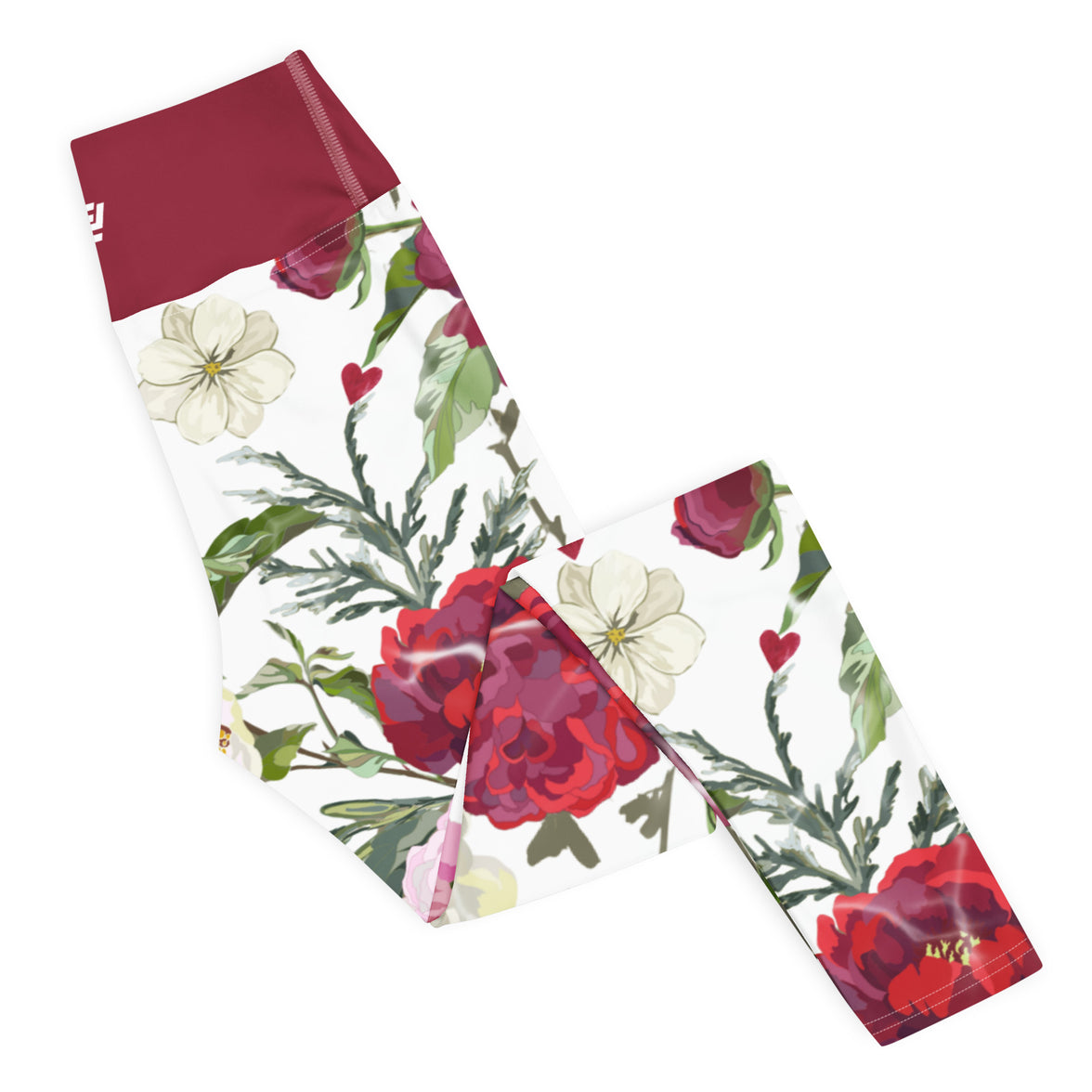 Roses of grace floral yoga leggings with soft colors, eco-friendly women’s activewear right folded view