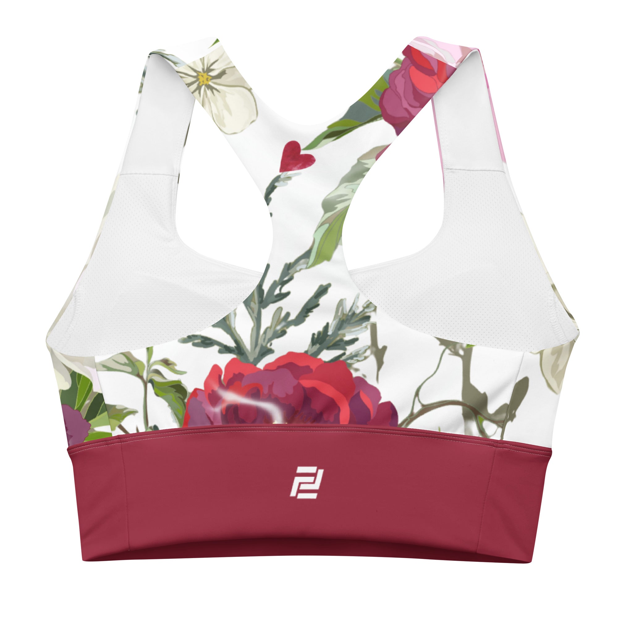 "Roses of Grace" longline sports bra with red band, medium-high support activewear back view