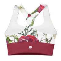 "Roses of Grace" longline sports bra with red band, medium-high support activewear back view