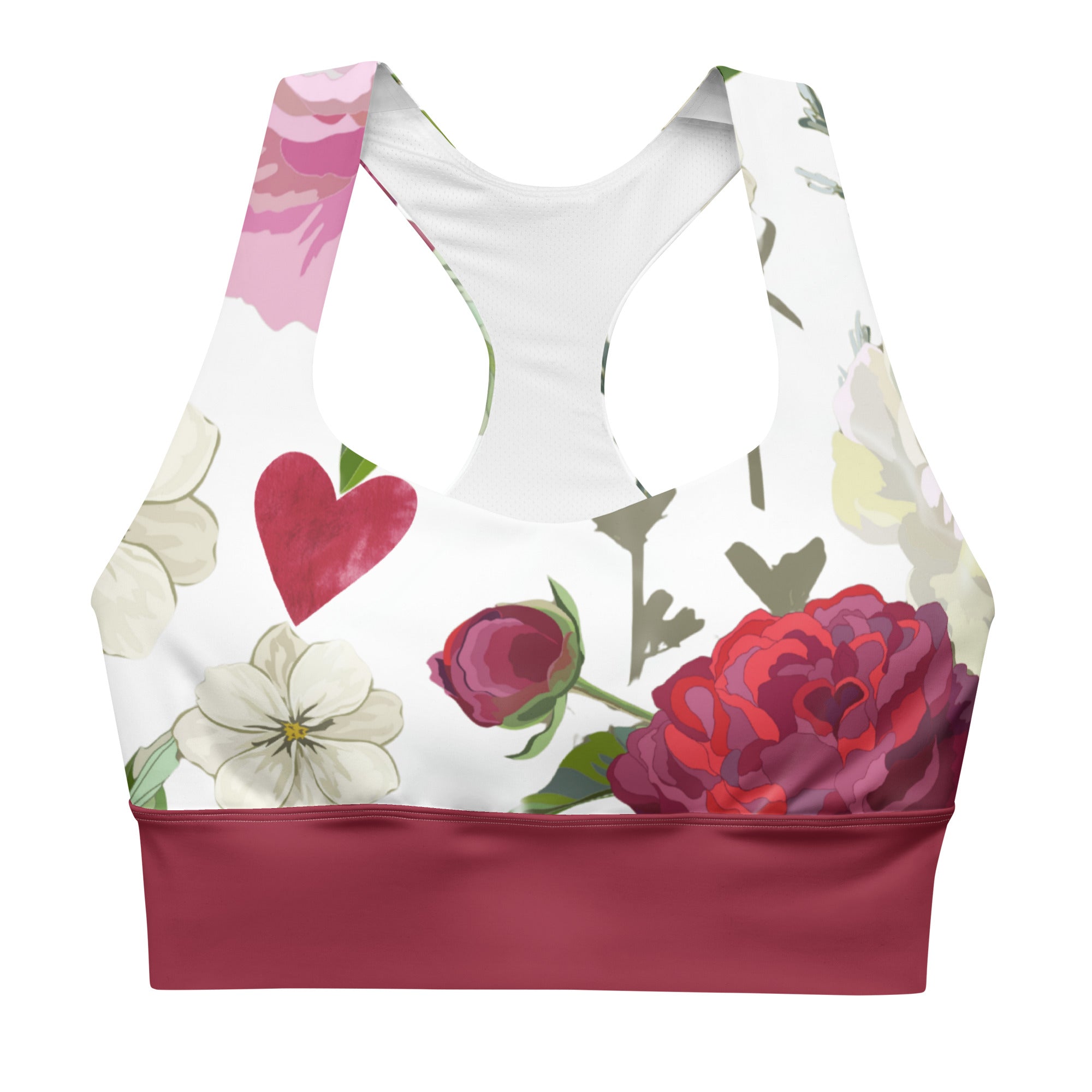 "Roses of Grace" longline sports bra with redband, medium-high support activewear front view