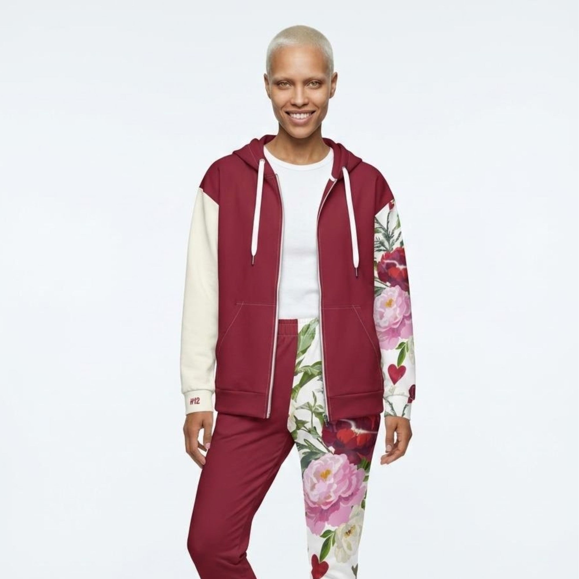 Model wearing Dear Human Behind Me Zip Hoodie, Floral  Print Inspired, Front View.