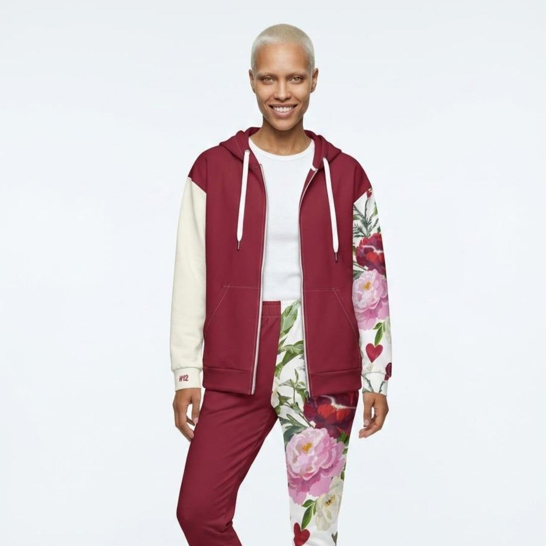 Model wearing Dear Human Behind Me Zip Hoodie, Floral  Print Inspired, Front View.
