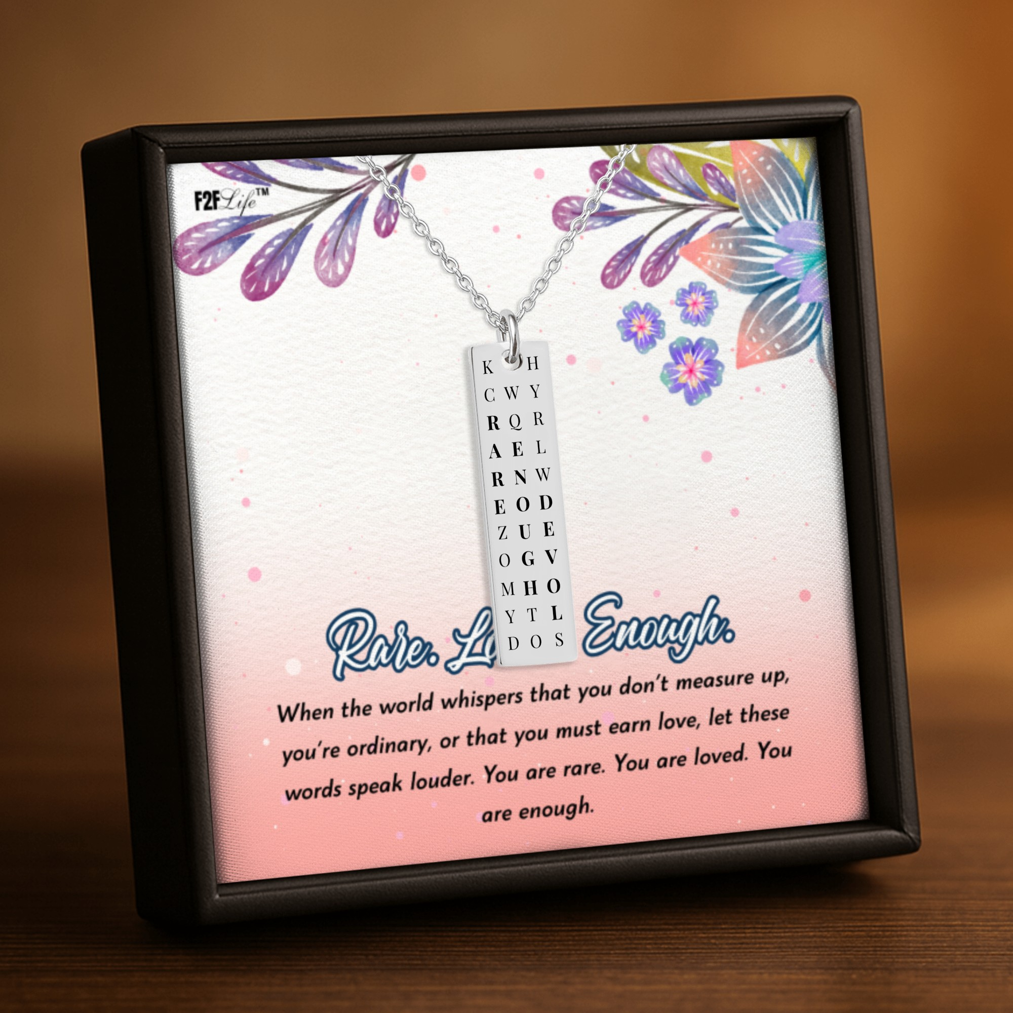 Stainless steel rare enough loved vertical bar word search necklace with a fine link chain in a box with a jewelry insert