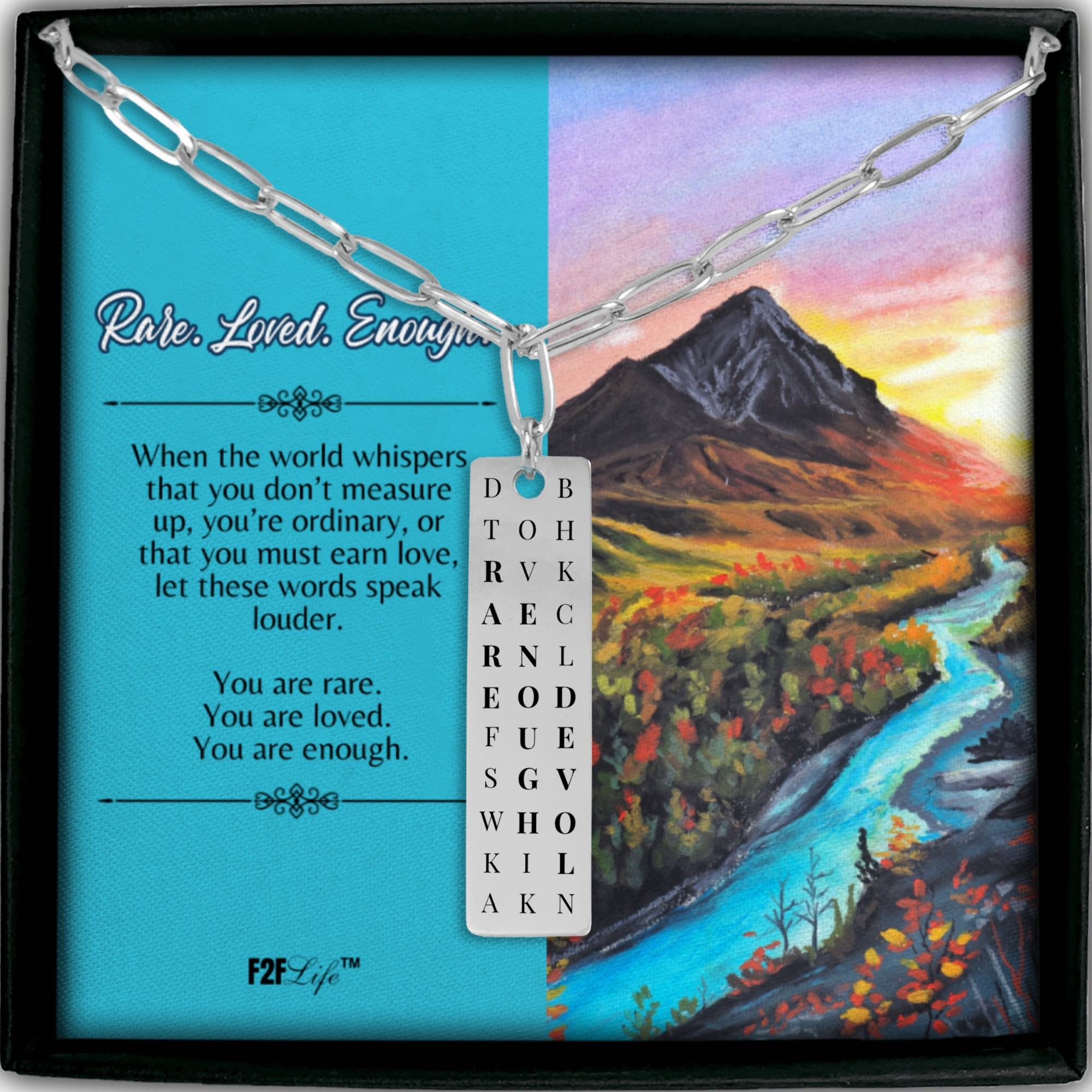 Stainless steel rare enough loved vertical bar word search necklace with a paperclip chain in a box with a jewelry insert