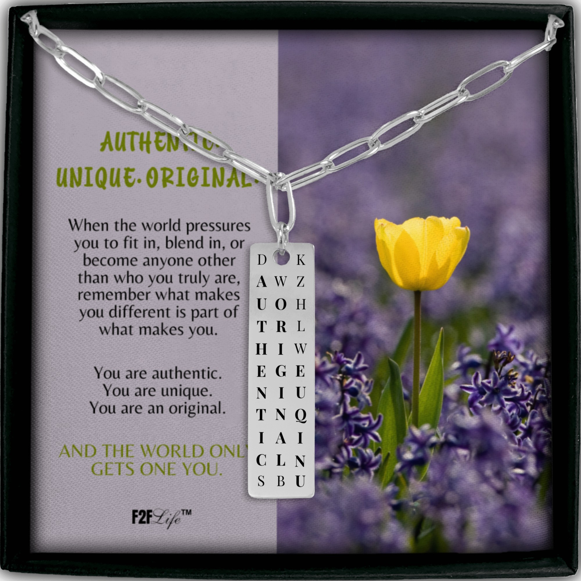Stainless steel authentic original unique vertical bar word search necklace with a paperclip chain in a box with a jewelry insert
