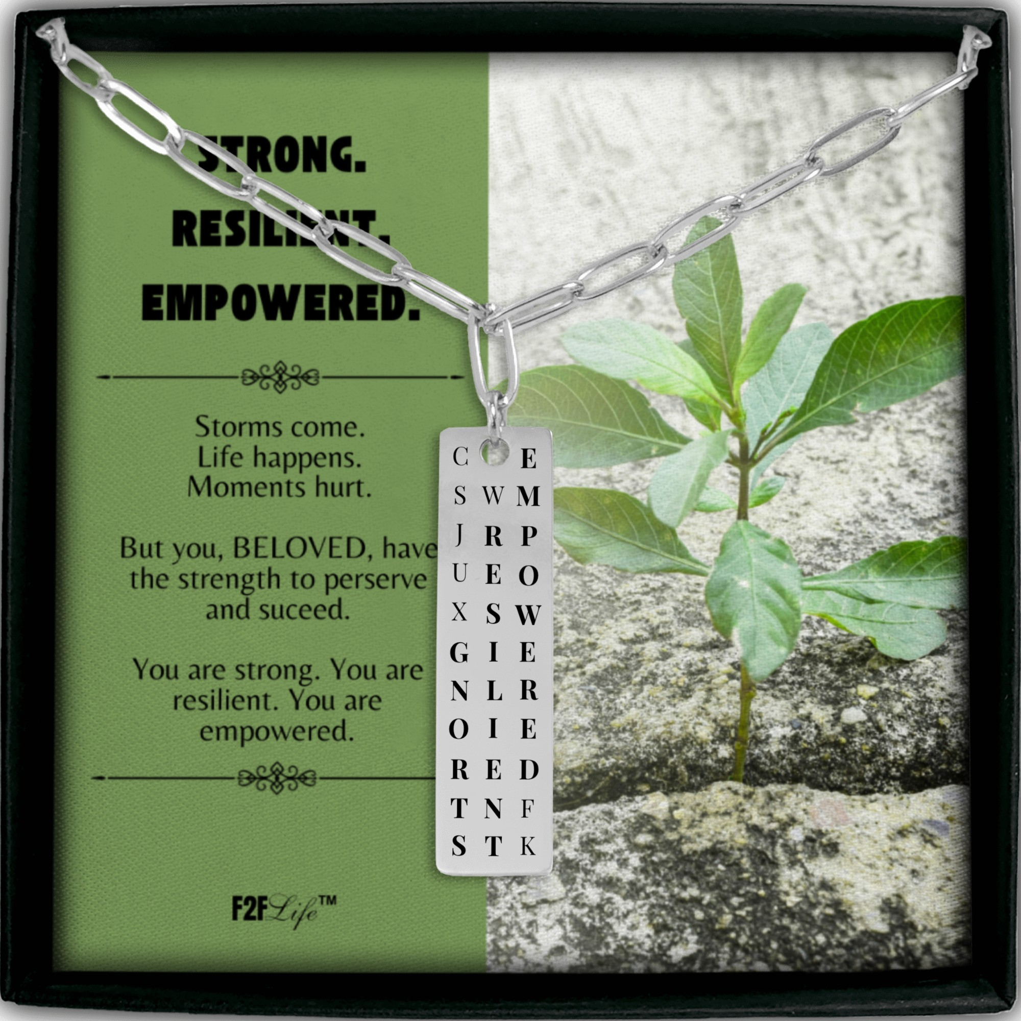 Stainless steel strong resilient empowered vertical bar word search necklace with a paperclip chain in a box with a jewelry insert