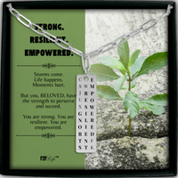 Stainless steel strong resilient empowered vertical bar word search necklace with a paperclip chain in a box with a jewelry insert