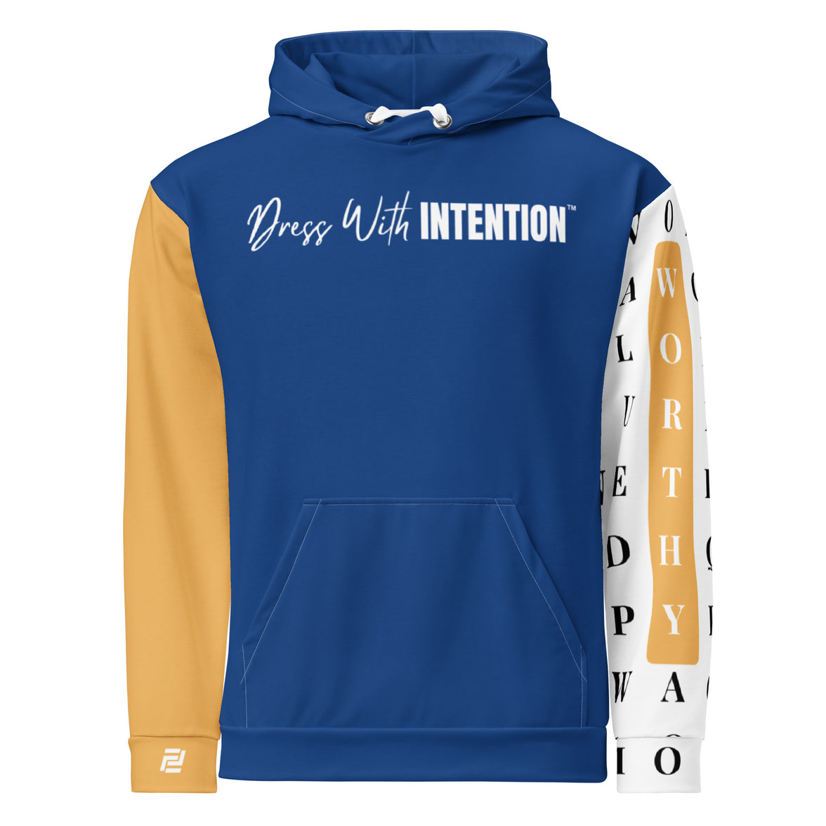 The gold standard blue hoodie with no back message front view