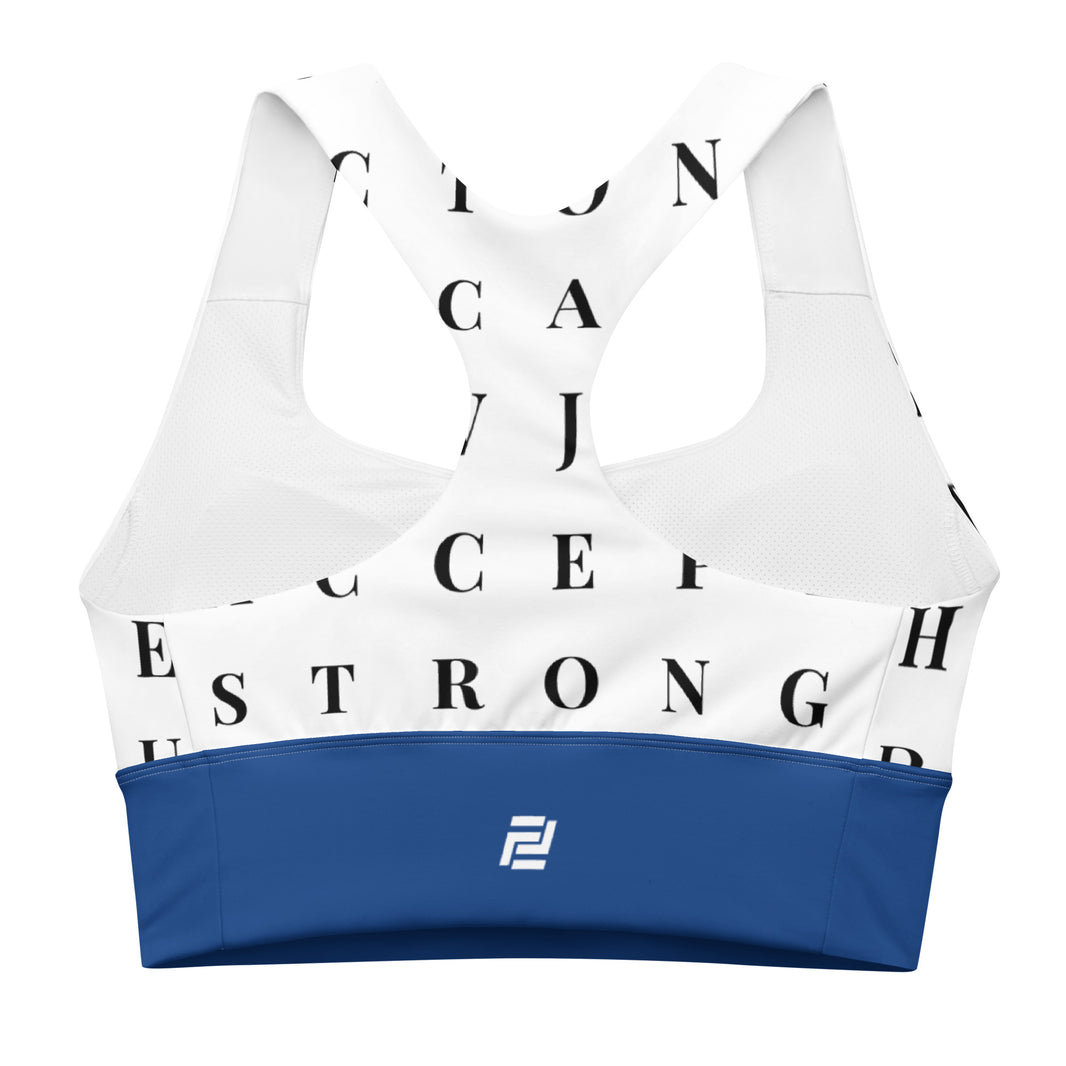 "The Gold Standard" longline sports bra with blue band, medium-high support activewear front view