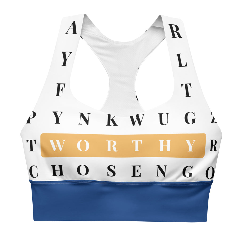 "The Gold Standard" longline sports bra with blue band, medium-high support activewear front view