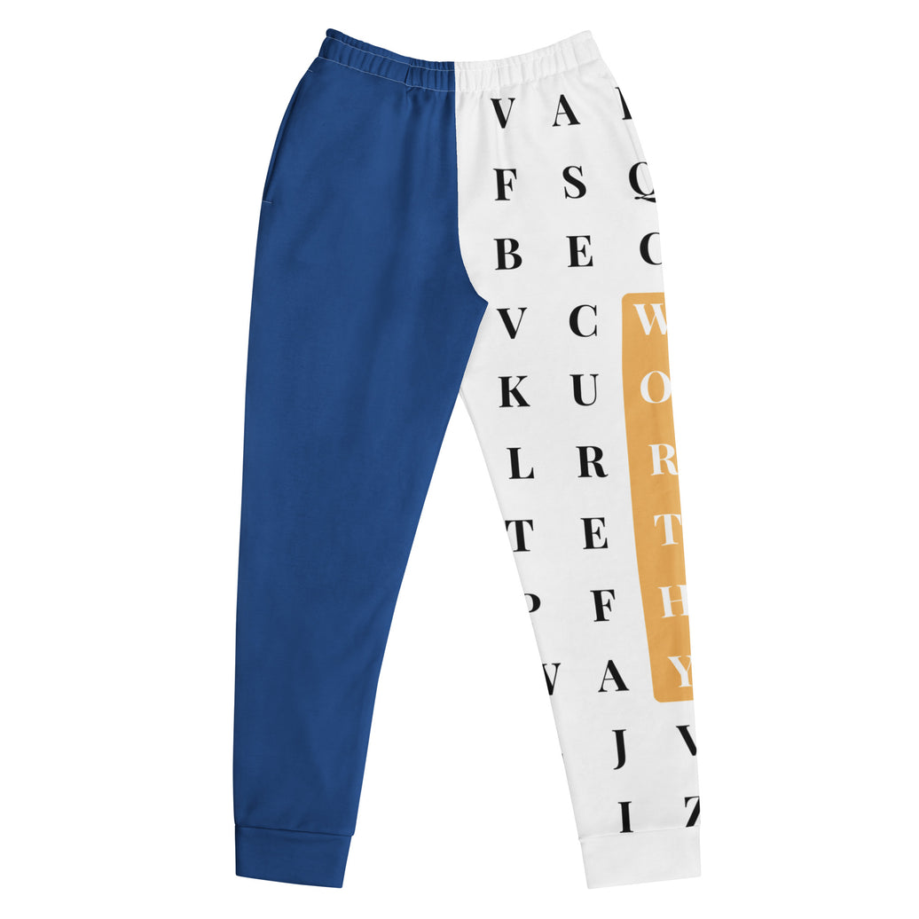 "The Gold Standard" statement joggers with blue colorblock, women’s bold activewear front view